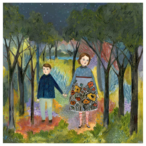 brother and sister holding hands in a colorful forest at night, oil painting